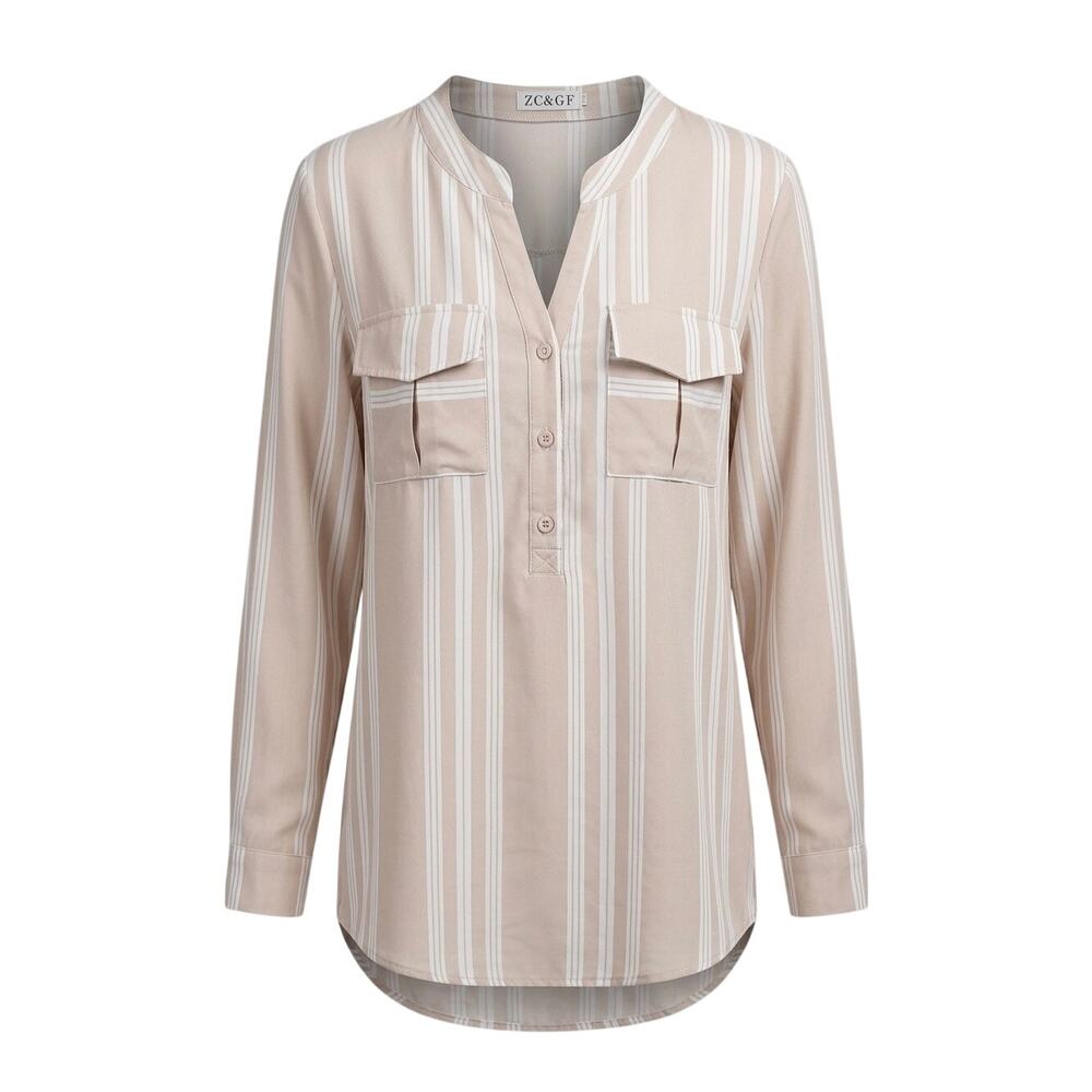 ZC&GF Beige Stripe Long Sleeve V-Neck Blouse Top 2XL